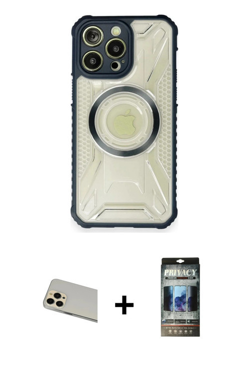 ieg™ iPhone 12 Pro Kılıf Kutup Modern - Siyah 34D Hayalet Izgaralı Cam + Gold Rainbow Kamera Lens Ko