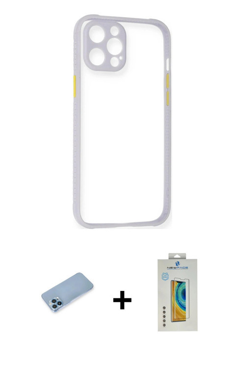 ieg™ iPhone 12 Pro Kılıf Nova Asil Özel Seri - Siyah Polymer Nano Ekran Koruyucu + Mavi Shine Kamera
