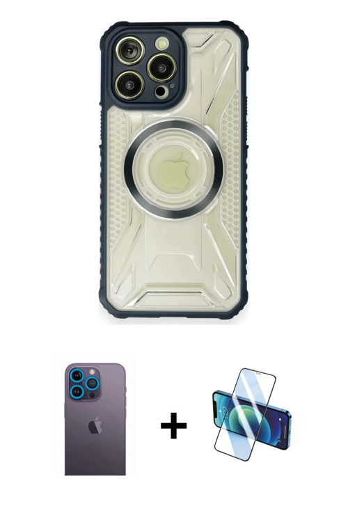 ieg™ iPhone 12 Pro Kılıf Kutup Modern - Siyah 3D Antistatik Seramik Nano Ekran Koruyucu + Mavi Neon