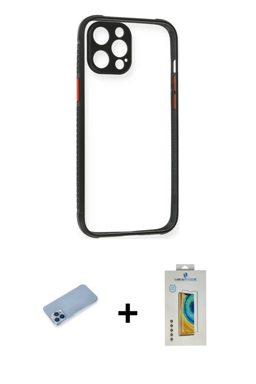 ieg™ iPhone 12 Pro Kılıf Nova Asil Özel Seri - Siyah Polymer Nano Ekran Koruyucu + Mavi Shine Kamera
