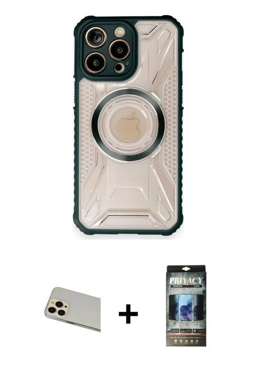ieg™ iPhone 12 Pro Kılıf Kutup Modern - Siyah 34D Hayalet Izgaralı Cam + Gold Rainbow Kamera Lens Ko