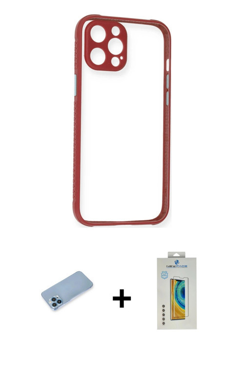 ieg™ iPhone 12 Pro Kılıf Nova Asil Özel Seri - Siyah Polymer Nano Ekran Koruyucu + Mavi Shine Kamera