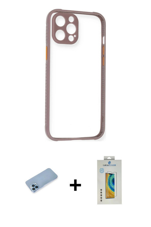 ieg™ iPhone 12 Pro Kılıf Nova Asil Özel Seri - Siyah Polymer Nano Ekran Koruyucu + Mavi Shine Kamera