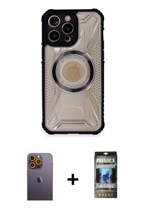 ieg™ iPhone 12 Pro Kılıf Kutup Modern - Siyah 34D Hayalet Izgaralı Cam + Sarı Neon Fosforlu Kamera L