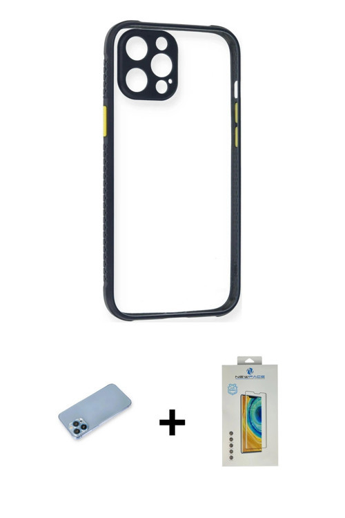 ieg™ iPhone 12 Pro Kılıf Nova Asil Özel Seri - Siyah Polymer Nano Ekran Koruyucu + Mavi Shine Kamera
