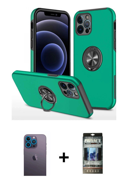 ieg™ iPhone 12 Pro Kılıf Odak Form Prime - Siyah 34D Hayalet Izgaralı Cam + Mavi Neon Fosforlu Kamer