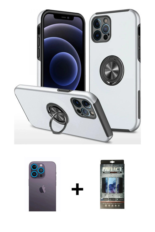 ieg™ iPhone 12 Pro Kılıf Odak Form Prime - Siyah 34D Hayalet Izgaralı Cam + Mavi Neon Fosforlu Kamer