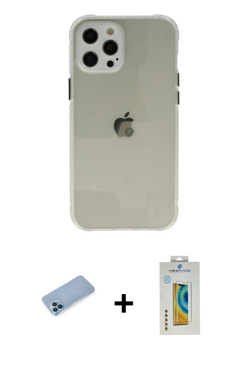 ieg™ iPhone 12 Pro Kılıf Nova Asil Özel Seri - Siyah Polymer Nano Ekran Koruyucu + Mavi Shine Kamera