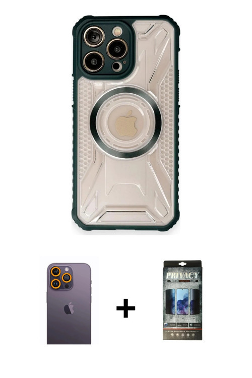 ieg™ iPhone 12 Pro Kılıf Kutup Modern - Siyah 34D Hayalet Izgaralı Cam + Sarı Neon Fosforlu Kamera L