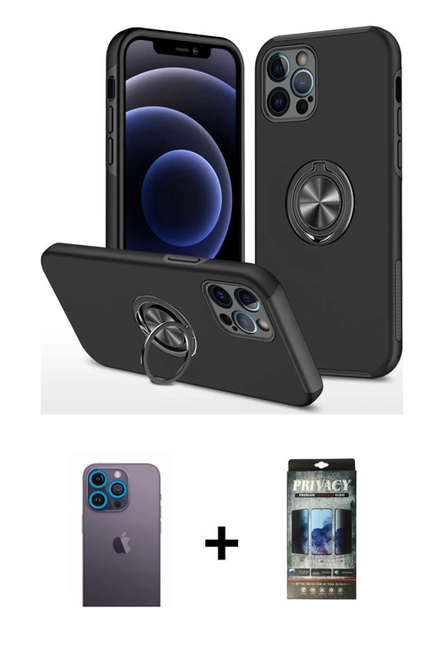 ieg™ iPhone 12 Pro Kılıf Odak Form Prime - Siyah 34D Hayalet Izgaralı Cam + Mavi Neon Fosforlu Kamer