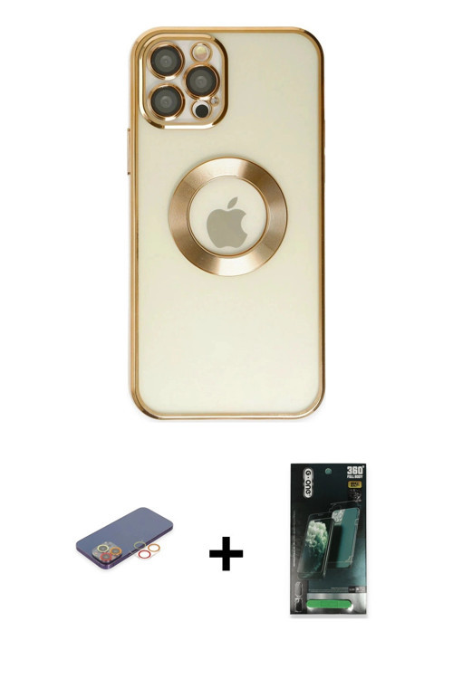 ieg™ iPhone 12 Pro Kılıf Pusula Form - Siyah 360 Mat Full Body Arka Koruyucu + Turuncu Renkli Kamera