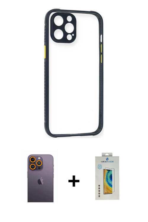ieg™ iPhone 12 Pro Kılıf Nova Asil Özel Seri - Siyah Polymer Nano Ekran Koruyucu + Sarı Neon Fosforl