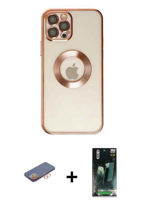 ieg™ iPhone 12 Pro Kılıf Pusula Form - Siyah 360 Mat Full Body Arka Koruyucu + Turuncu Renkli Kamera