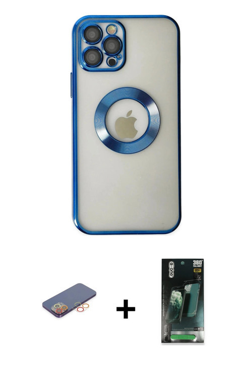 ieg™ iPhone 12 Pro Kılıf Pusula Form - Siyah 360 Mat Full Body Arka Koruyucu + Turuncu Renkli Kamera