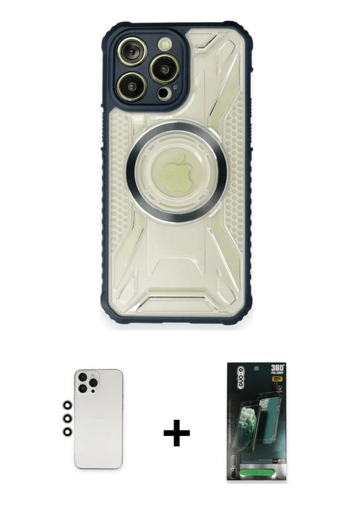 ieg™ iPhone 12 Pro Kılıf Kutup Modern - Şeffaf 360 Full Body Arka Koruyucu + Gümüş Shine Kamera Lens