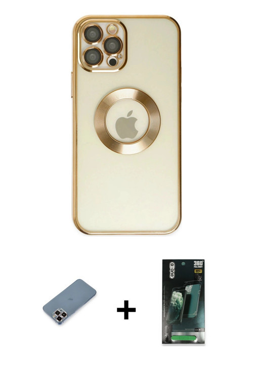 ieg™ iPhone 12 Pro Kılıf Pusula Form - Siyah 360 Mat Full Body Arka Koruyucu + Mor Metal Kamera Lens