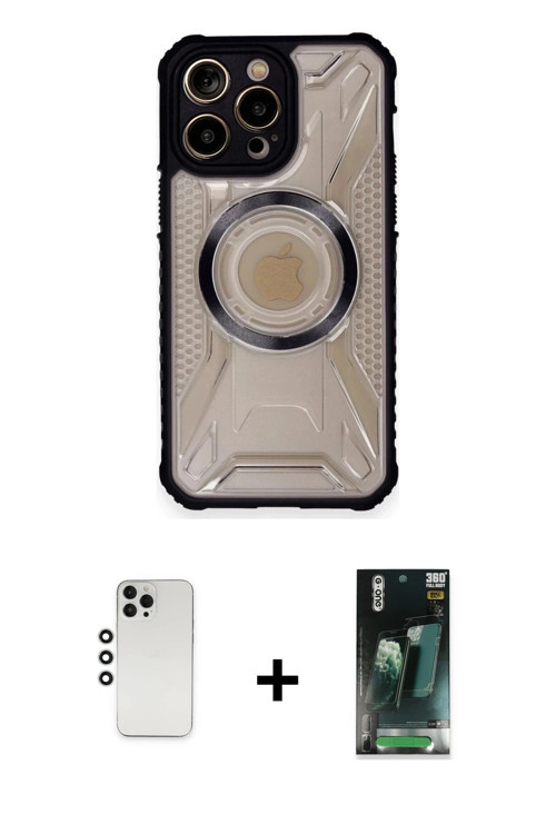ieg™ iPhone 12 Pro Kılıf Kutup Modern - Şeffaf 360 Full Body Arka Koruyucu + Gümüş Shine Kamera Lens