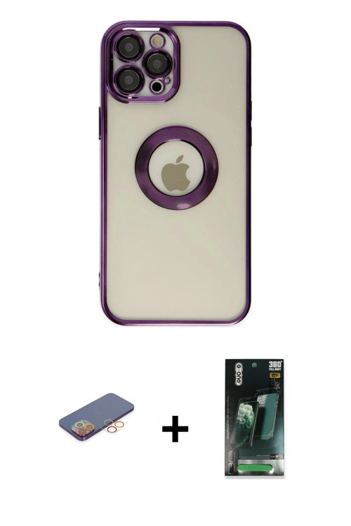 ieg™ iPhone 12 Pro Kılıf Pusula Form - Siyah 360 Mat Full Body Arka Koruyucu + Turuncu Renkli Kamera