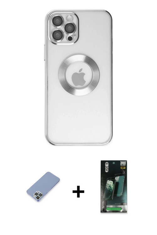 ieg™ iPhone 12 Pro Kılıf Pusula Form - Şeffaf 360 Full Body Arka Koruyucu + Koyu Yeşil Metal Kamera