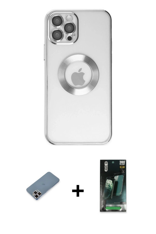 ieg™ iPhone 12 Pro Kılıf Pusula Form - Siyah 360 Mat Full Body Arka Koruyucu + Mor Metal Kamera Lens