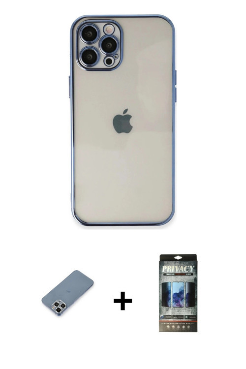 ieg™ iPhone 12 Pro Kılıf Vadi Minimal - Siyah 34D Hayalet Izgaralı Cam + Gümüş Metal Kamera Lens Kor