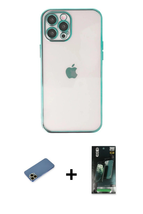 ieg™ iPhone 12 Pro Kılıf Vadi Minimal - Siyah 360 Mat Full Body Arka Koruyucu + Gold Shine Kamera Le