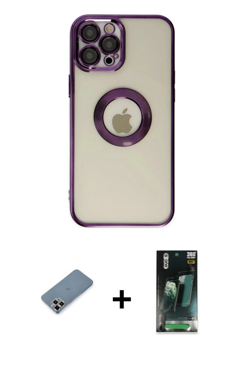 ieg™ iPhone 12 Pro Kılıf Pusula Form - Siyah 360 Mat Full Body Arka Koruyucu + Mor Metal Kamera Lens