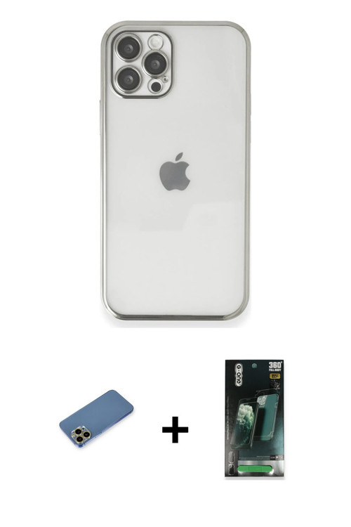 ieg™ iPhone 12 Pro Kılıf Vadi Minimal - Siyah 360 Mat Full Body Arka Koruyucu + Gold Shine Kamera Le