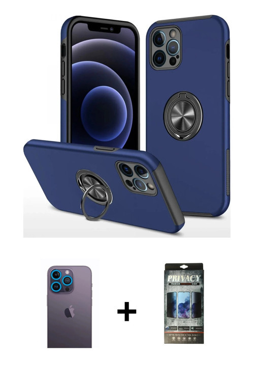 ieg™ iPhone 12 Pro Kılıf Odak Form Prime - Siyah 34D Hayalet Izgaralı Cam + Mavi Neon Fosforlu Kamer
