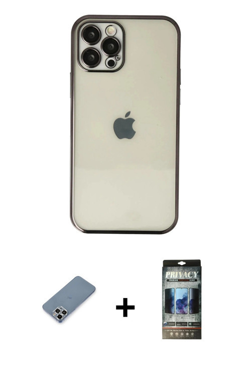 ieg™ iPhone 12 Pro Kılıf Vadi Minimal - Siyah 34D Hayalet Izgaralı Cam + Gümüş Metal Kamera Lens Kor