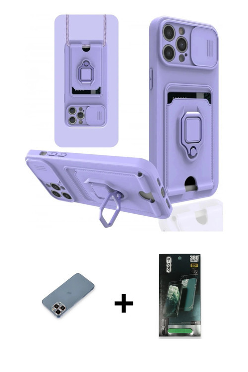 ieg™ iPhone 12 Pro Kılıf Vadi Form Prime - Şeffaf 360 Full Body Arka Koruyucu + Mor Metal Kamera Len
