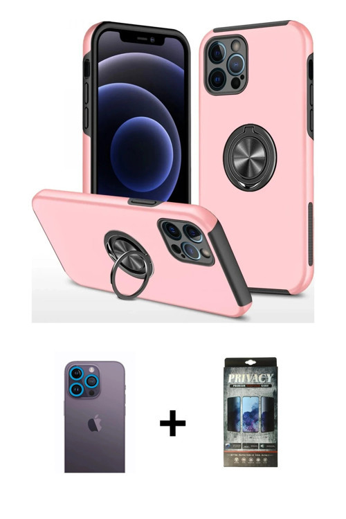 ieg™ iPhone 12 Pro Kılıf Odak Form Prime - Siyah 34D Hayalet Izgaralı Cam + Mavi Neon Fosforlu Kamer
