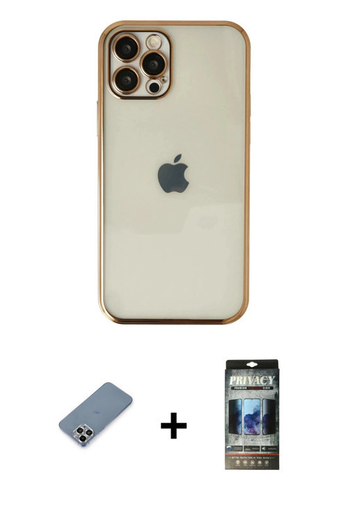 ieg™ iPhone 12 Pro Kılıf Vadi Minimal - Siyah 34D Hayalet Izgaralı Cam + Gümüş Metal Kamera Lens Kor