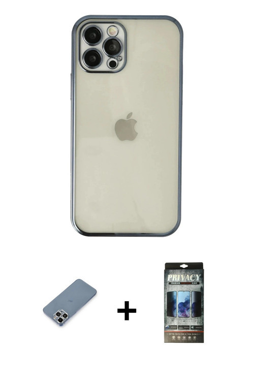 ieg™ iPhone 12 Pro Kılıf Vadi Minimal - Siyah 34D Hayalet Izgaralı Cam + Gümüş Metal Kamera Lens Kor