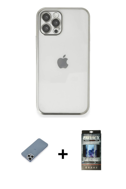 ieg™ iPhone 12 Pro Kılıf Vadi Minimal - Siyah 34D Hayalet Izgaralı Cam + Gümüş Metal Kamera Lens Kor