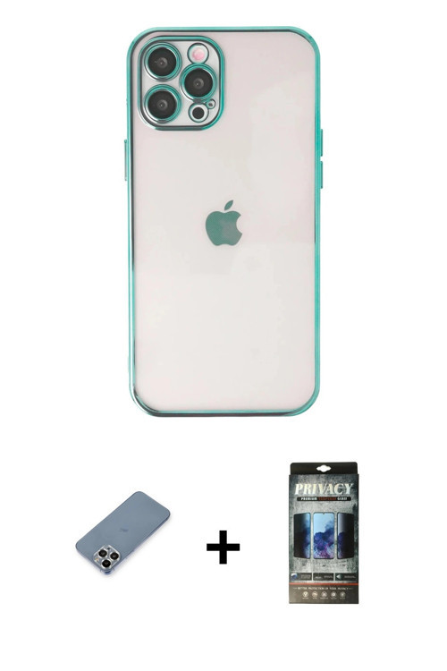 ieg™ iPhone 12 Pro Kılıf Vadi Minimal - Siyah 34D Hayalet Izgaralı Cam + Gümüş Metal Kamera Lens Kor