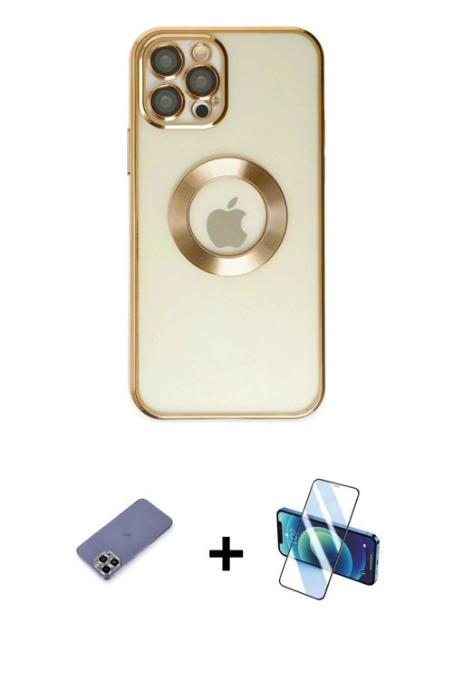 ieg™ iPhone 12 Pro Kılıf Pusula Form - Siyah 3D Antistatik Seramik Nano Ekran Koruyucu + Gold Metal