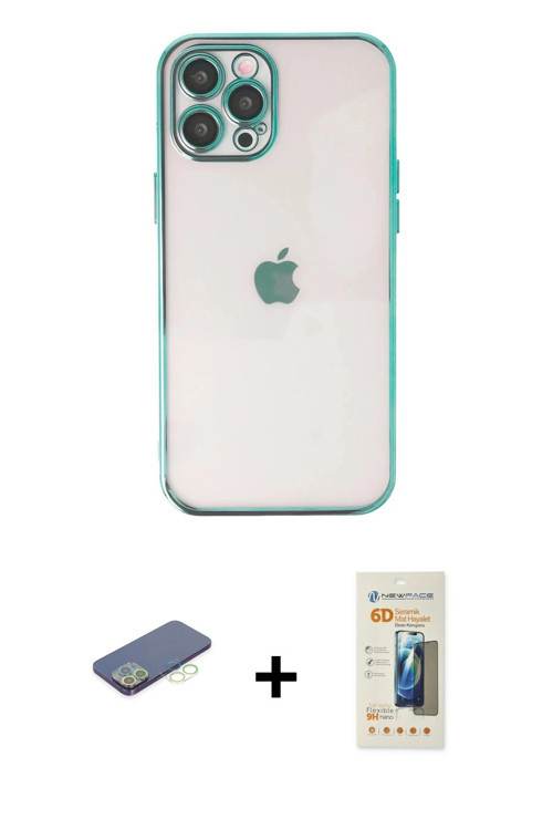 ieg™ iPhone 12 Pro Kılıf Vadi Minimal - Siyah 6D Mat Seramik Hayalet Nano Ekran Koruyucu + Yeşil Ren