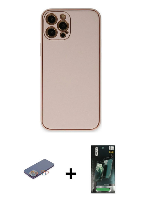 iPhone 12 Pro Kılıf Yadigar Klasik - Şeffaf 360 Full Body Arka Koruyucu + Pembe Renkli Kamera L