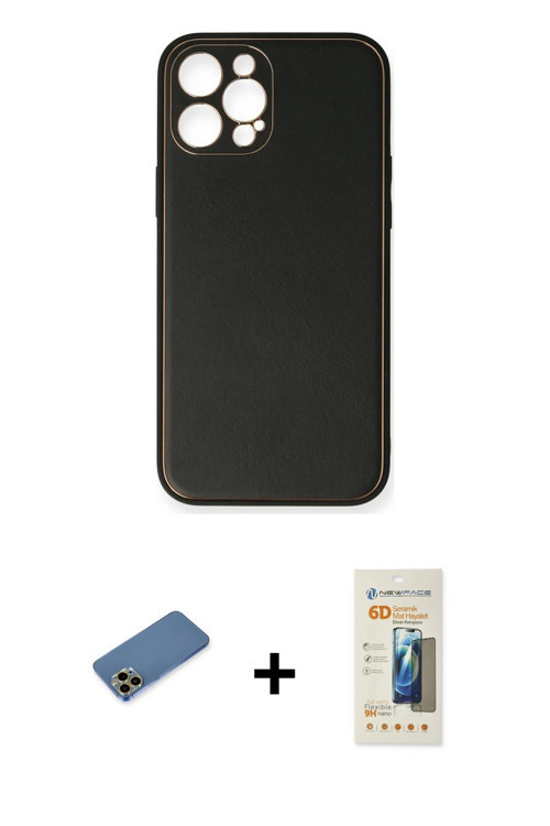 ieg™ iPhone 12 Pro Kılıf Yadigar Klasik - Siyah 6D Mat Seramik Hayalet Nano Ekran Koruyucu + Gold Sh