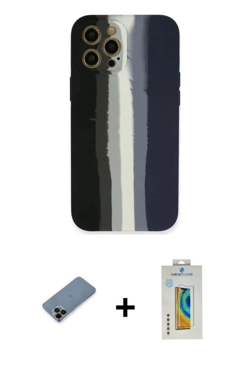 ieg™ iPhone 12 Pro Kılıf Yadigar Çizgi - Siyah Polymer Nano Ekran Koruyucu + Siyah Shine Kamera Lens
