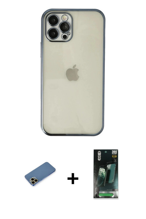 ieg™ iPhone 12 Pro Kılıf Vadi Minimal - Siyah 360 Mat Full Body Arka Koruyucu + Gold Shine Kamera Le