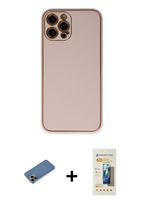 ieg™ iPhone 12 Pro Kılıf Yadigar Klasik - Siyah 6D Mat Seramik Hayalet Nano Ekran Koruyucu + Gold Sh