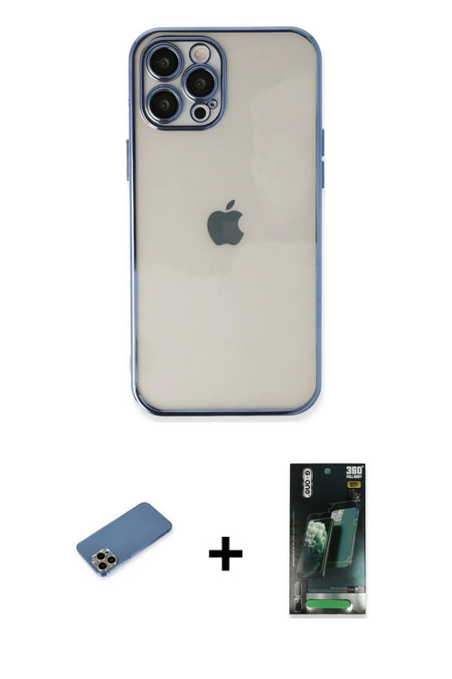 ieg™ iPhone 12 Pro Kılıf Vadi Minimal - Siyah 360 Mat Full Body Arka Koruyucu + Gold Shine Kamera Le
