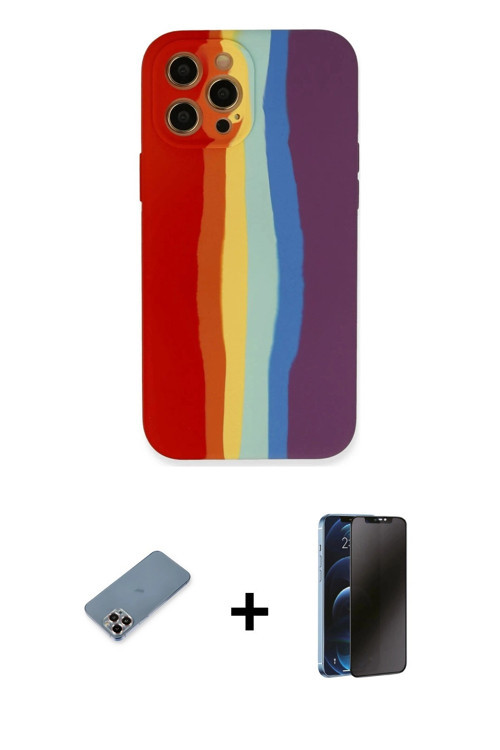 ieg™ iPhone 12 Pro Kılıf Yadigar Çizgi - Siyah 3D Antistatik Hayalet Cam Ekran Koruyucu + Mor Metal