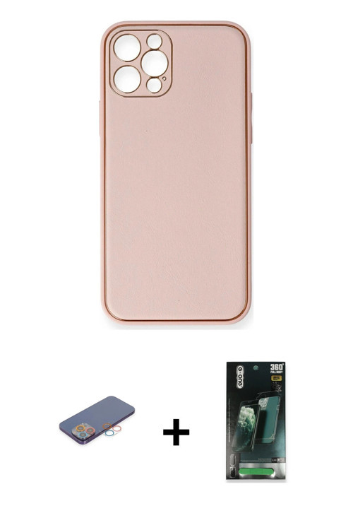 iPhone 12 Pro Kılıf Yadigar Klasik - Şeffaf 360 Full Body Arka Koruyucu + Pembe Renkli Kamera L