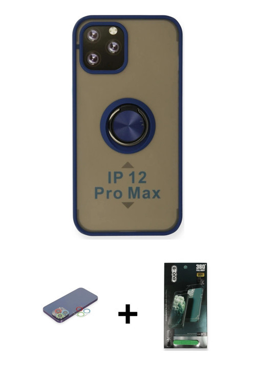 ieg™ iPhone 12 Pro Kılıf Yörünge Çizgi - Şeffaf 360 Full Body Arka Koruyucu + Mavi Renkli Kamera Len