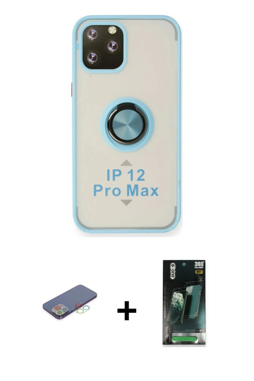ieg™ iPhone 12 Pro Kılıf Yörünge Çizgi - Şeffaf 360 Full Body Arka Koruyucu + Mavi Renkli Kamera Len