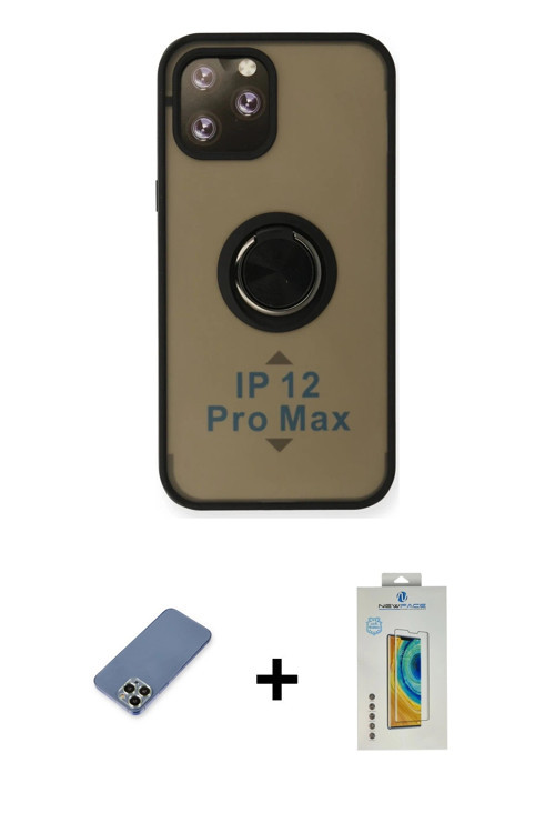 ieg™ iPhone 12 Pro Kılıf Yörünge Çizgi - Siyah Polymer Nano Ekran Koruyucu + Açık Yeşil Metal Kamera