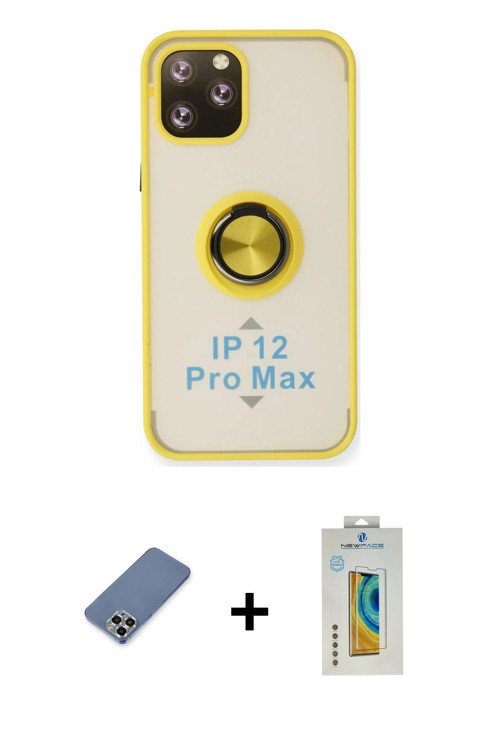 ieg™ iPhone 12 Pro Kılıf Yörünge Çizgi - Siyah Polymer Nano Ekran Koruyucu + Açık Yeşil Metal Kamera